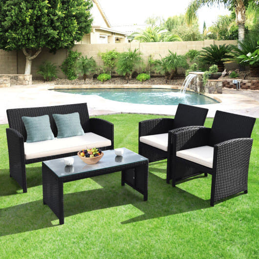 4 Pieces Rattan Patio Furniture Set with Weather Resistant Cushions and Tempered Glass Tabletop-Whi