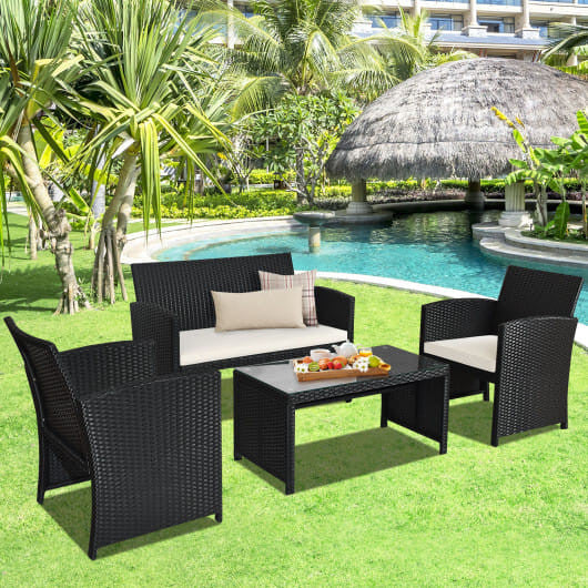 4 Pieces Rattan Patio Furniture Set with Weather Resistant Cushions and Tempered Glass Tabletop-Whi