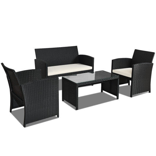 4 Pieces Rattan Patio Furniture Set with Weather Resistant Cushions and Tempered Glass Tabletop-Whi