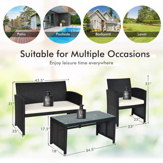 4 Pieces Rattan Patio Furniture Set with Weather Resistant Cushions and Tempered Glass Tabletop-Whi