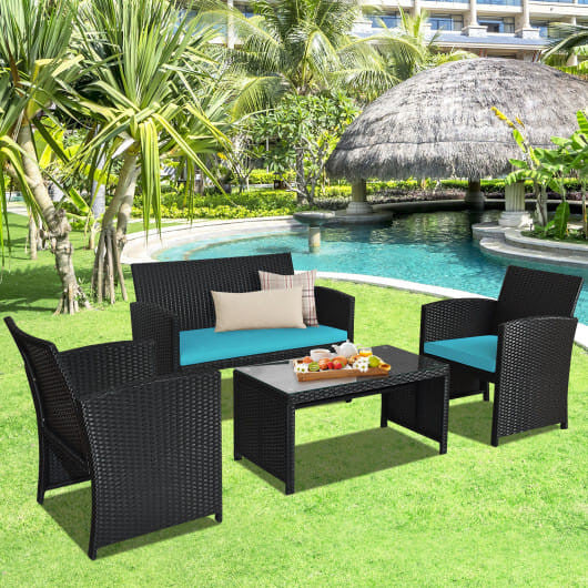 4 Pieces Rattan Patio Furniture Set with Weather Resistant Cushions and Tempered Glass Tabletop-Whi