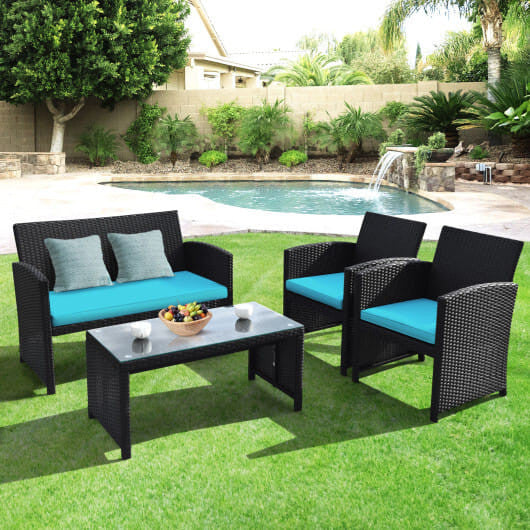 4 Pieces Rattan Patio Furniture Set with Weather Resistant Cushions and Tempered Glass Tabletop-Whi