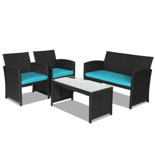 4 Pieces Rattan Patio Furniture Set with Weather Resistant Cushions and Tempered Glass Tabletop-Whi