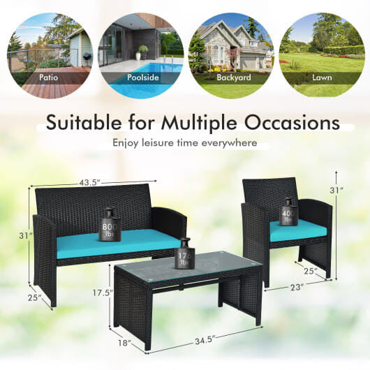 4 Pieces Rattan Patio Furniture Set with Weather Resistant Cushions and Tempered Glass Tabletop-Whi