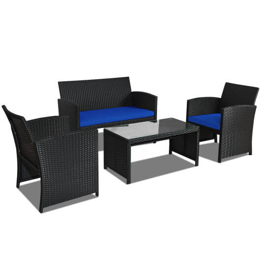 4 Pieces Rattan Patio Furniture Set with Weather Resistant Cushions and Tempered Glass Tabletop-Whi