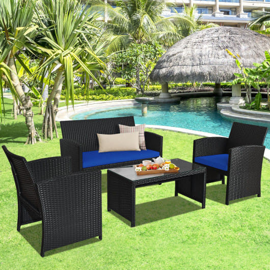 4 Pieces Rattan Patio Furniture Set with Weather Resistant Cushions and Tempered Glass Tabletop-Whi