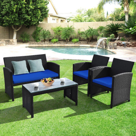 4 Pieces Rattan Patio Furniture Set with Weather Resistant Cushions and Tempered Glass Tabletop-Whi