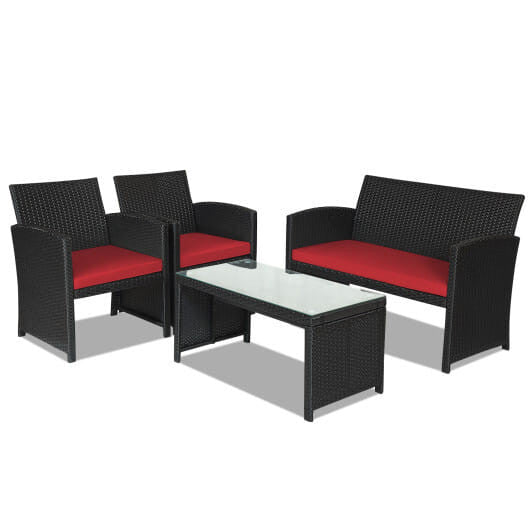 4 Pieces Rattan Patio Furniture Set with Weather Resistant Cushions and Tempered Glass Tabletop-Whi